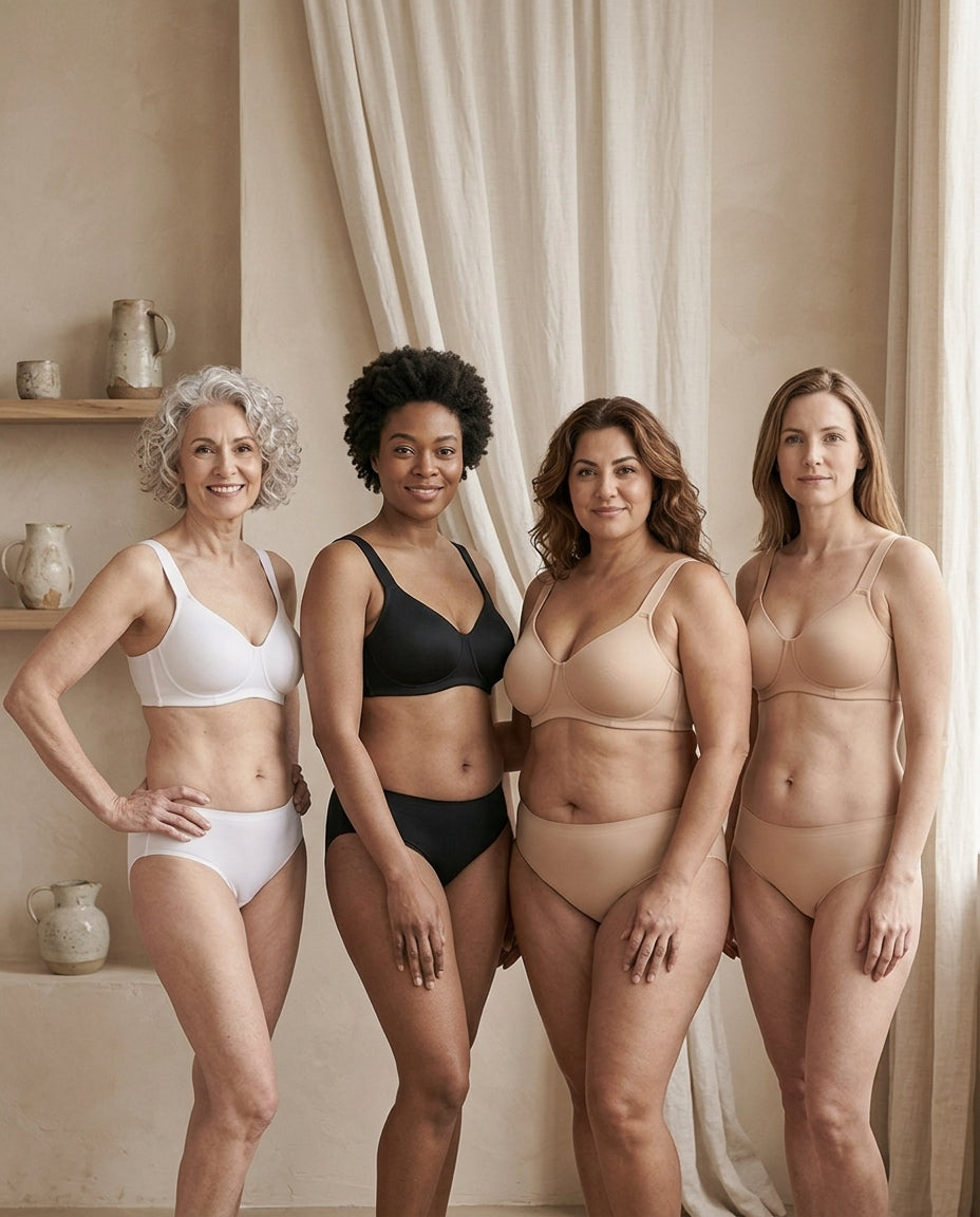 Quatre femmes portant des soutiens-gorge Underskin blanc, noir et nude